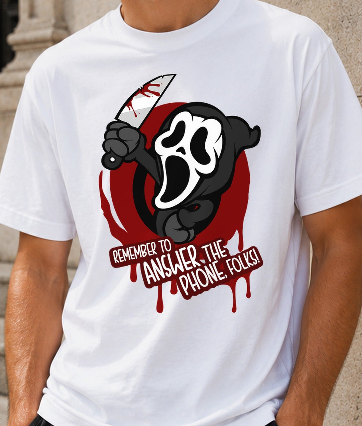 Camiseta Ghostface – Terror Clásico y Llamadas de Miedo (blanca)