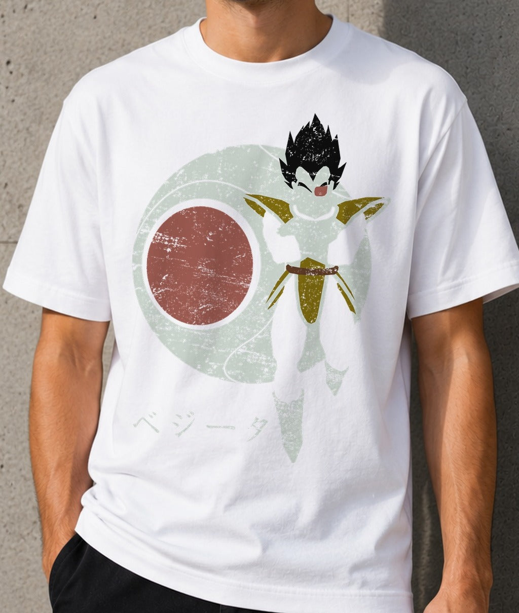 Camiseta Searching for Kakarot – Vegeta de Dragon Ball (blanca)