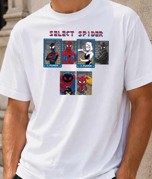 Camiseta Select Spider – Selección de Héroes Arácnidos Estilo Arcade (blanca)