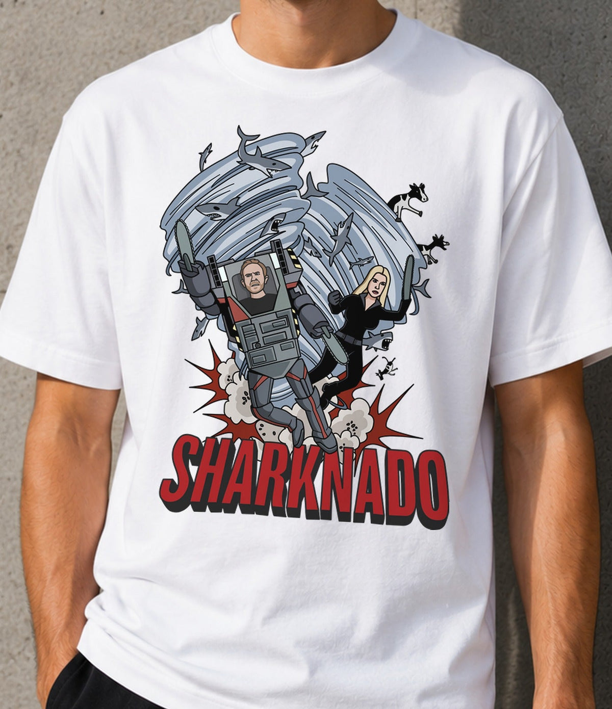 Camiseta Shark Heroes – Tiburones, Tornado y Sierra Mecánica (blanca)