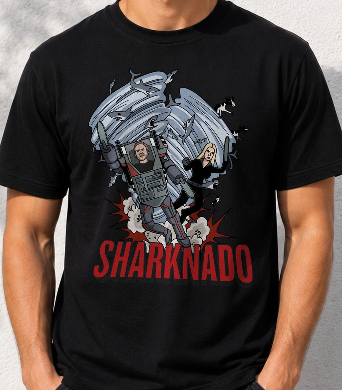 Camiseta Shark Heroes – Tiburones, Tornado y Sierra Mecánica (negra)