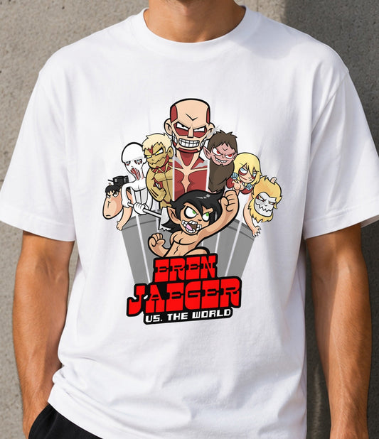 Camiseta Eren Jaeger vs. The World – Anime de Titanes y Batallas (blanca)