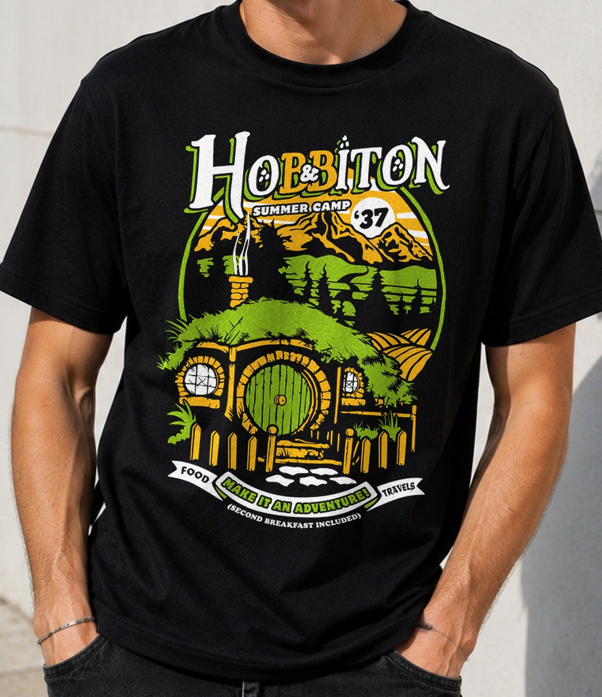 Camiseta Shire Summer Camp – Campamento de Verano Fantástico (negra)