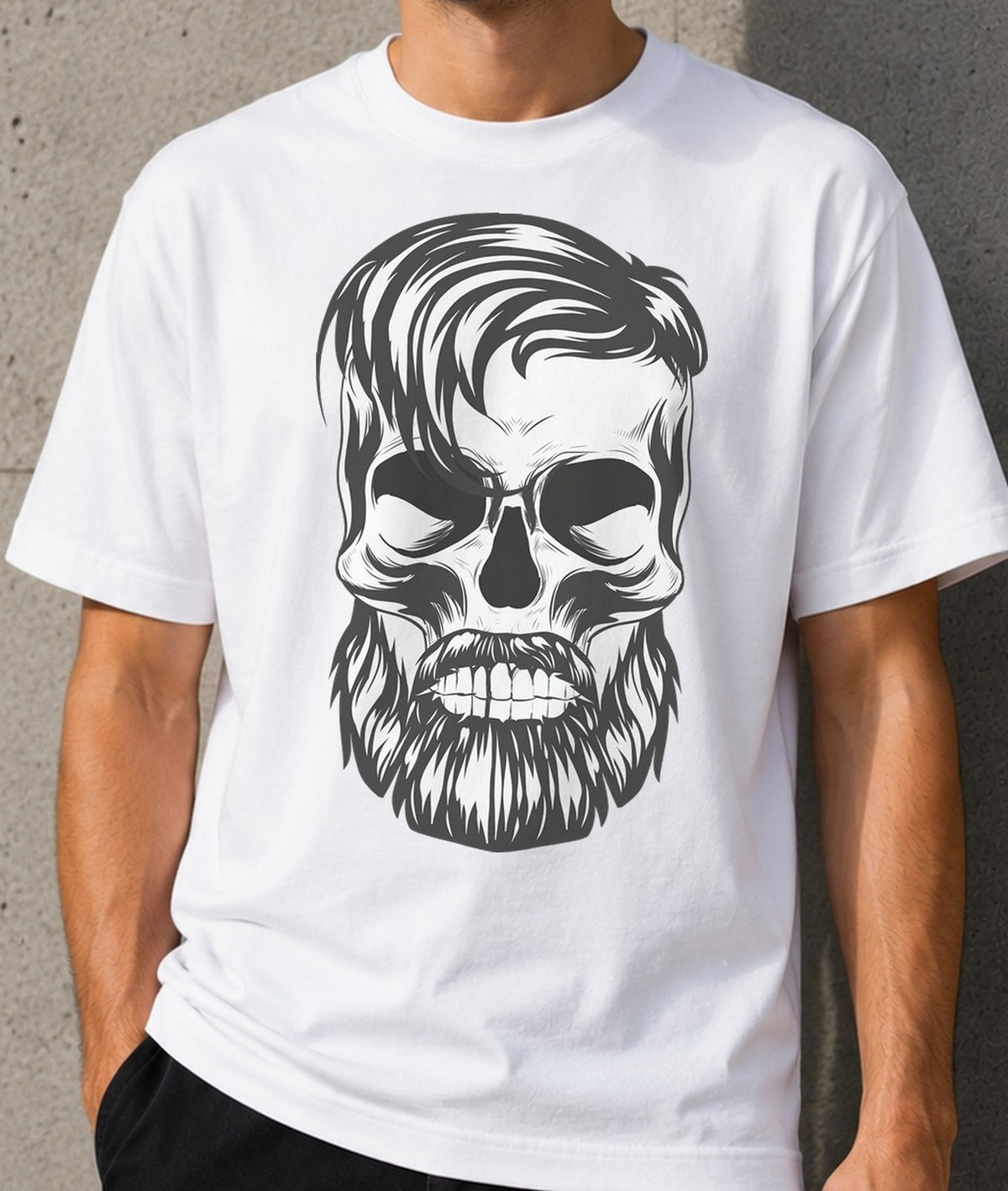 Camiseta Skull Buccaneer – Calavera con Barba Hipster (blanca)