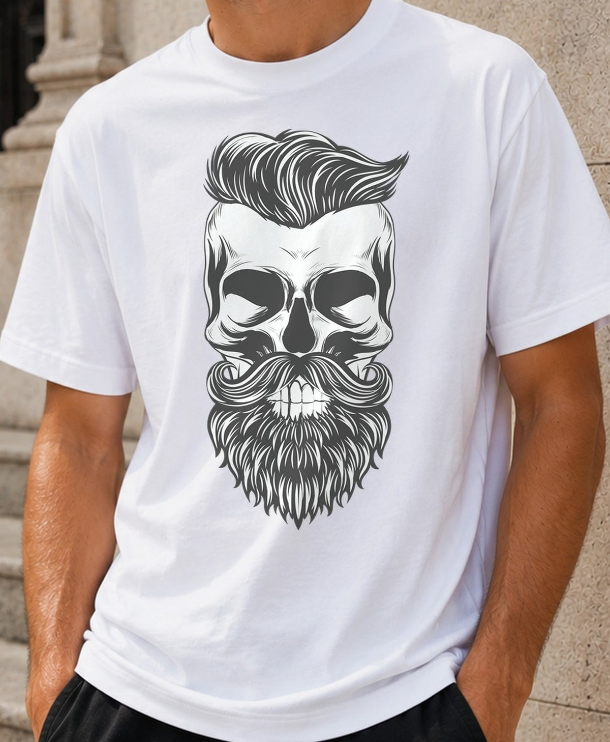 Camiseta Skull Hipster – Calavera con Barba y Tupé (blanca)