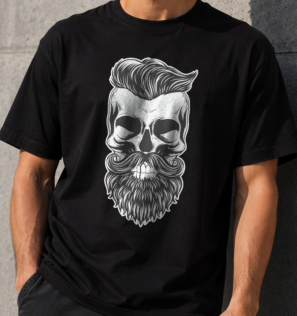 Camiseta Skull Hipster – Calavera con Barba y Tupé (negra)