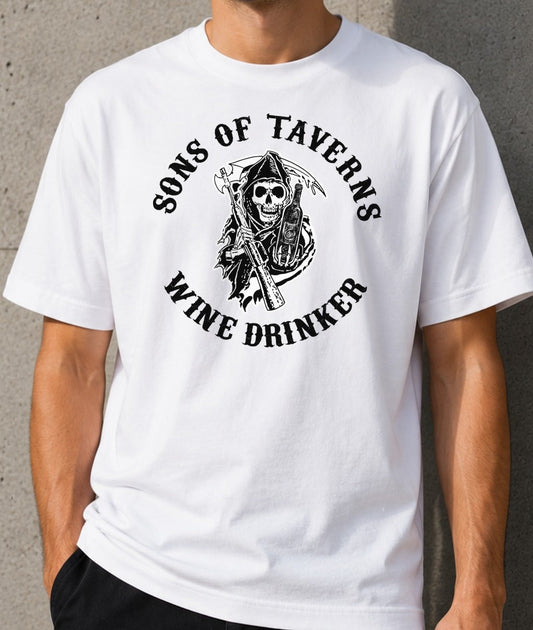 Camiseta Sons of Taverns Wine – Parodia para amantes del vino (blanca)