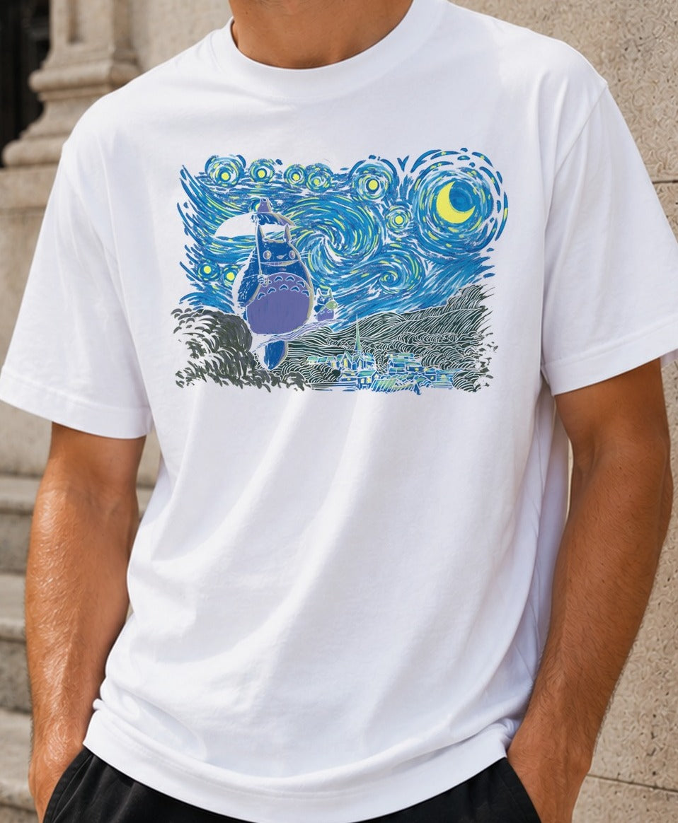 Camiseta Starry-Neighbor – Totoro y Van Gogh (blanca)