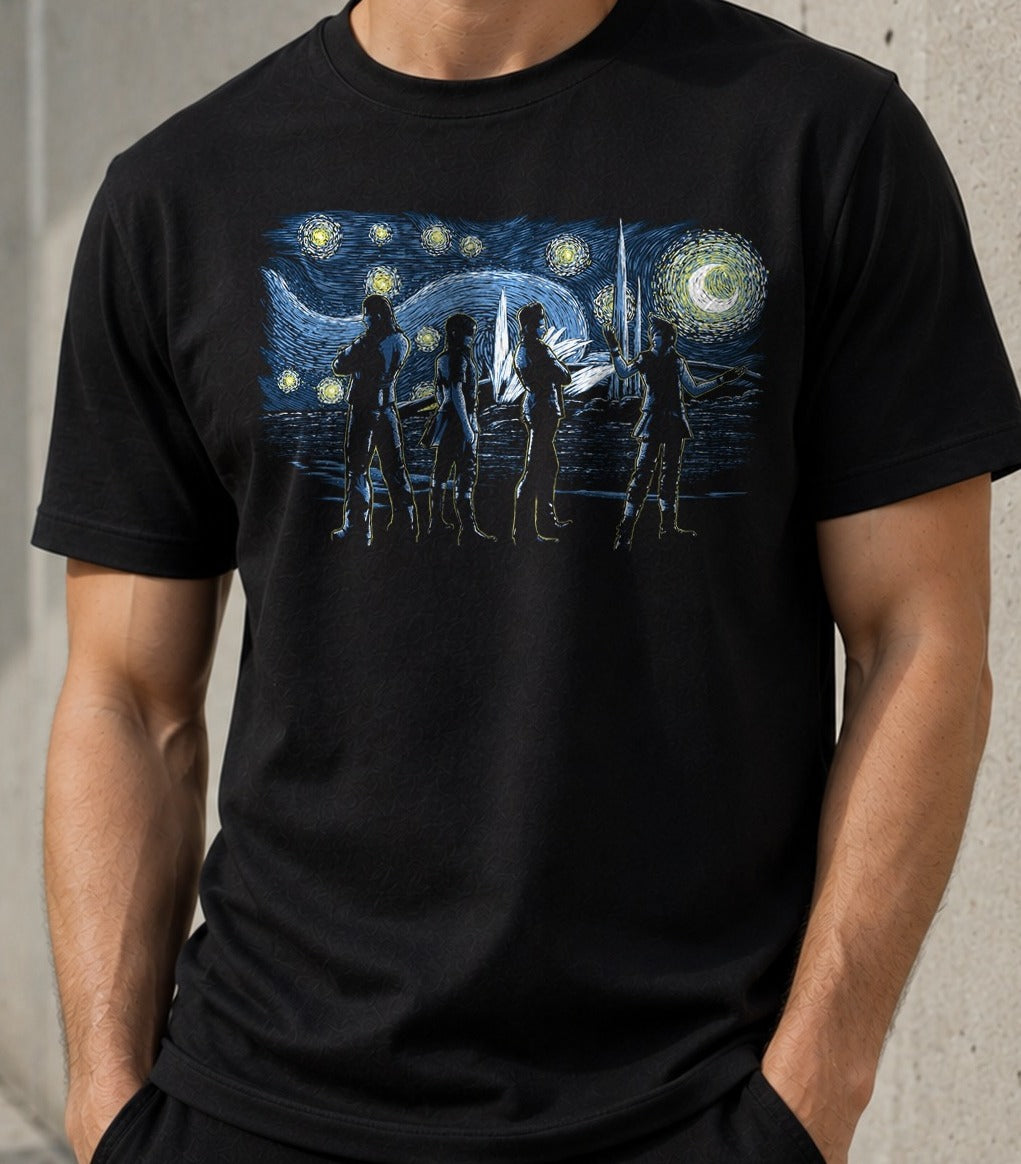 Camiseta Starry Road Trip – Van Gogh y Anime (negra)