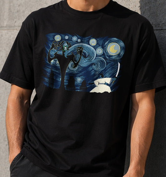 Camiseta Starry Samurai – Mashup Van Gogh y Samurái (negra)