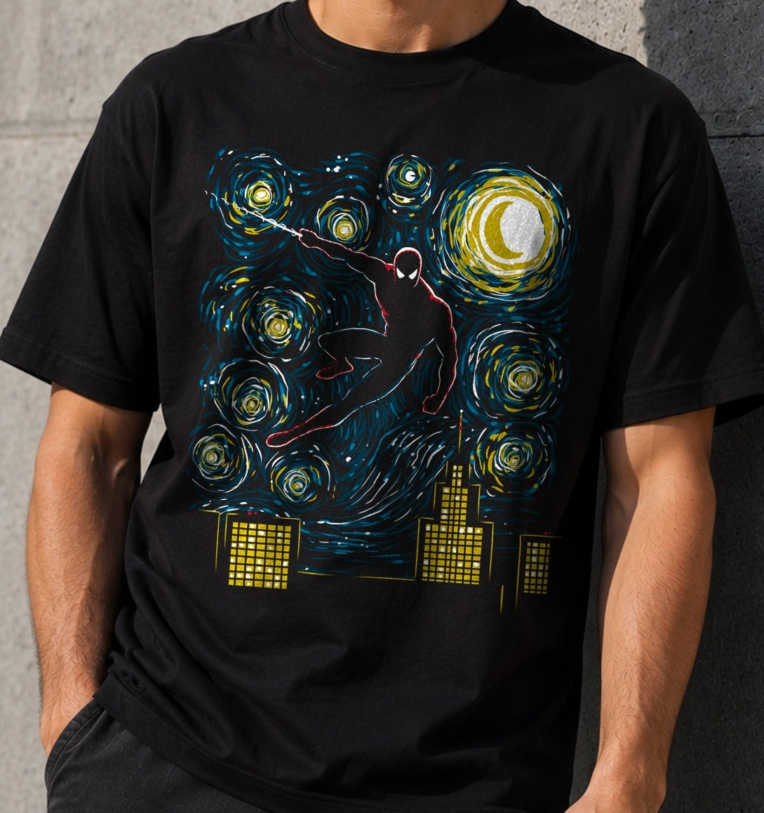 Camiseta Starry Spider – Spider-Man estilo Van Gogh (negra)