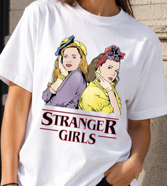 Camiseta Stranger Girls – Pop Art Ochentero (blanca)
