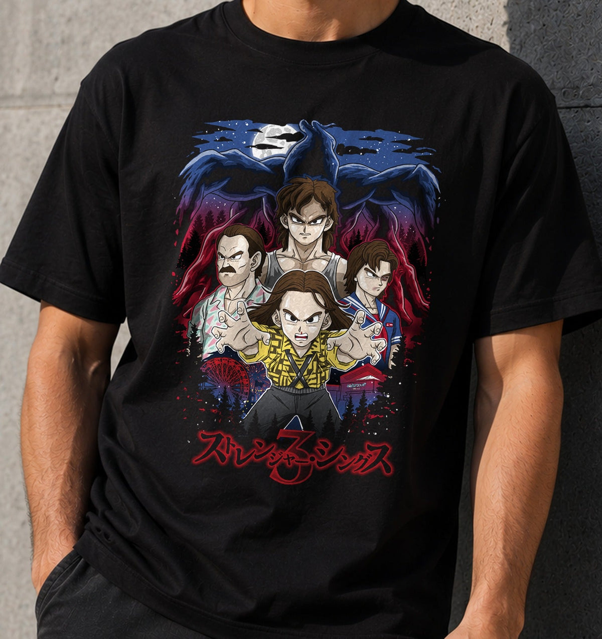 Camiseta Stranger Shonen HF – Serie Ochentera Estilo Anime (negra)