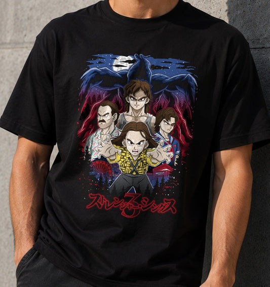 Camiseta Stranger Shonen HF – Serie Ochentera Estilo Anime (negra)