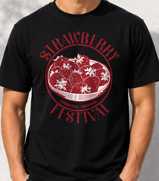 Camiseta Strawberry Festival Hawkins Indiana – Stranger Things (negra)