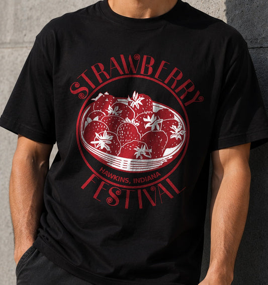 Camiseta Strawberry Festival Hawkins Indiana – Stranger Things (negra)