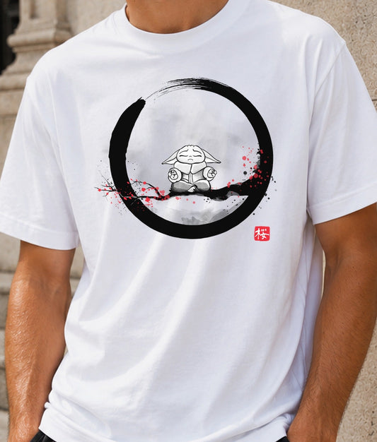 Camiseta Sumie Grogu – Meditación Zen y Flor de Cerezo (blanca)