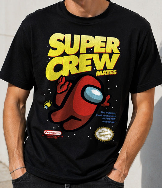 Camiseta Super Crewmates – Parodia Retro de Videojuego (negra)