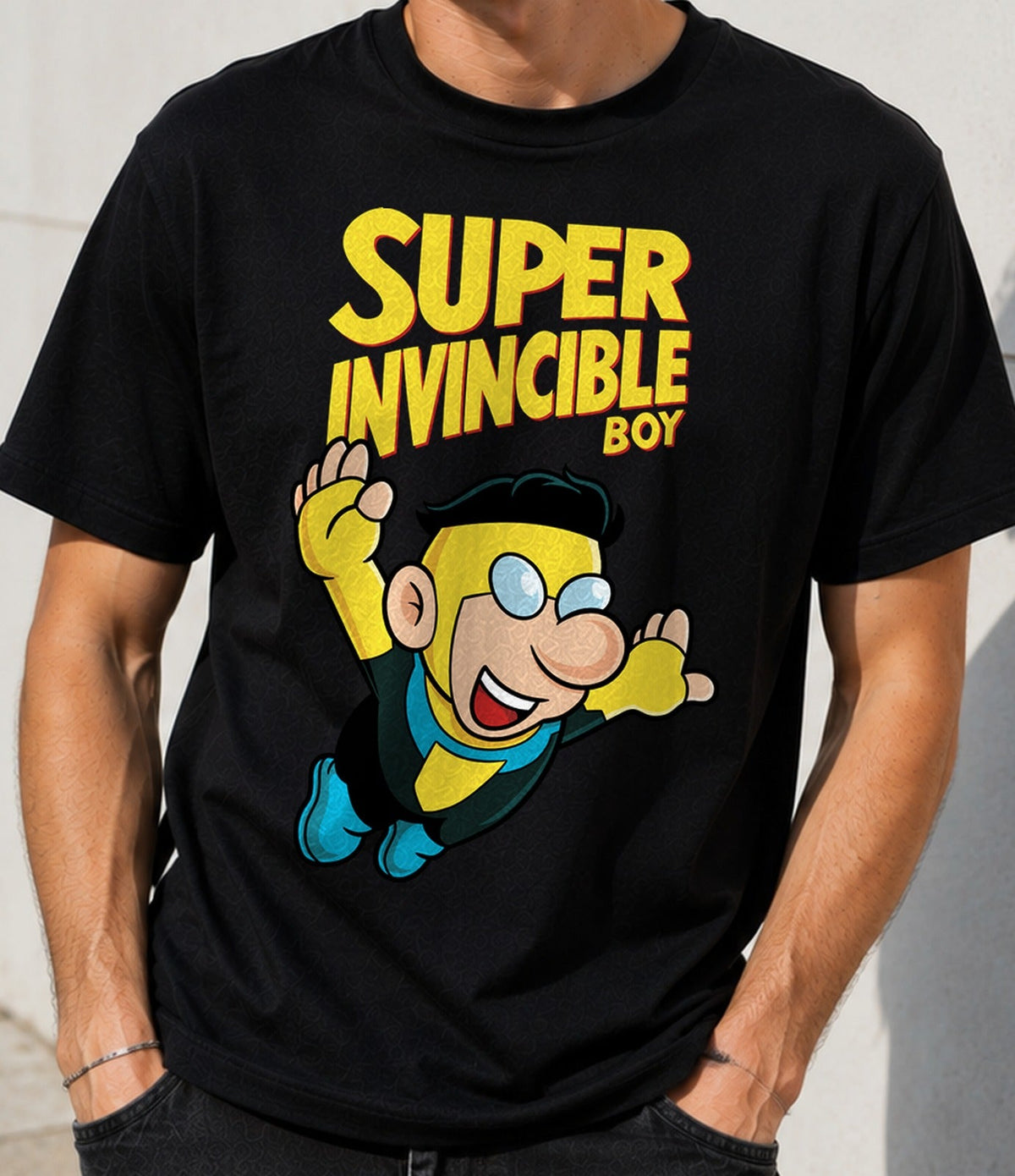 Camiseta Super Invincible Boy – Superhéroe Volador de Cómic (negra)