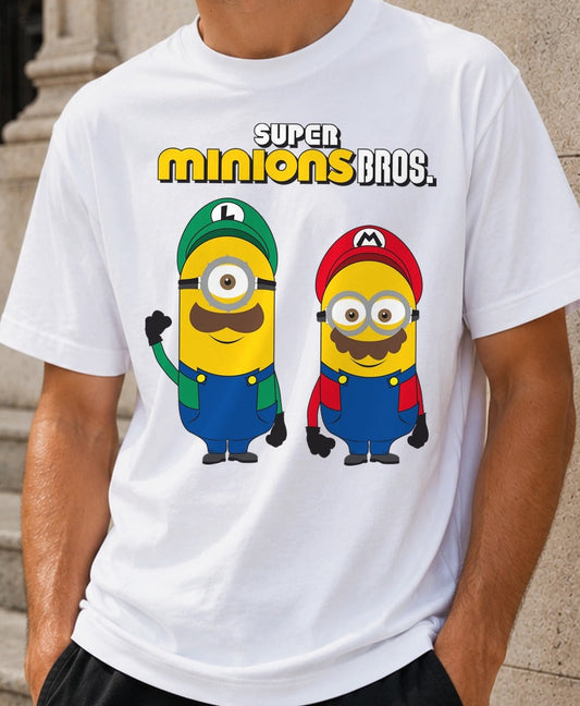 Camiseta Super Minions Bros – Mario y Luigi Minions (blanca)