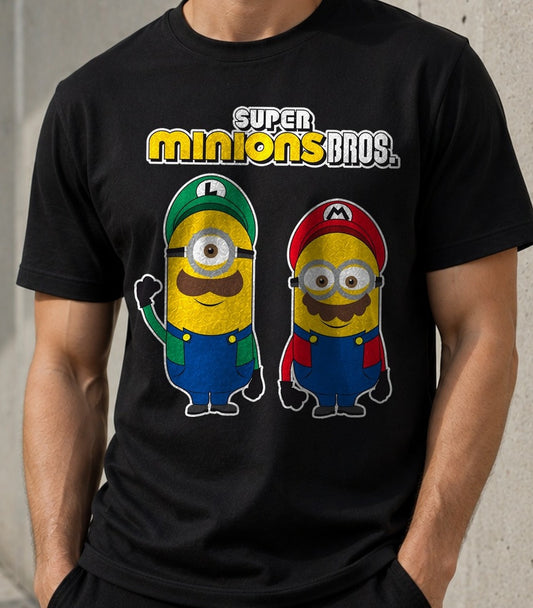 Camiseta Super Minions Bros – Mario y Luigi Minions (negra)