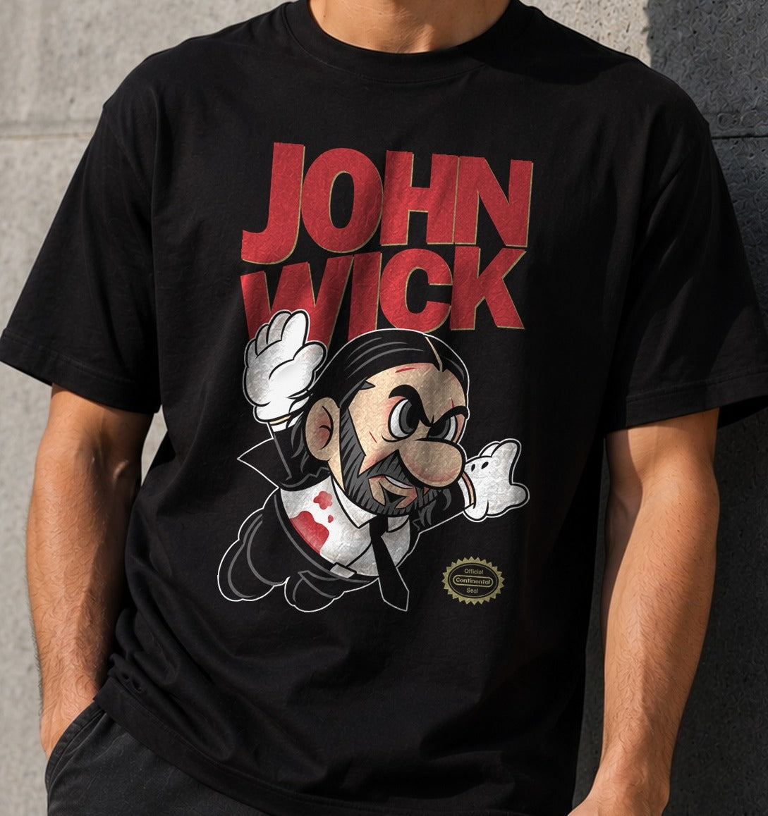Camiseta Super Wick – John Wick y Super Mario Bros (negra)