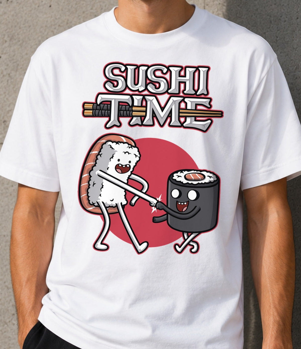 Camiseta Sushi Time – Peleas de Comida Japonesa con Palillos (blanca)