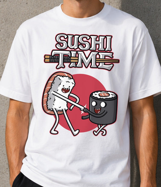 Camiseta Sushi Time – Peleas de Comida Japonesa con Palillos (blanca)