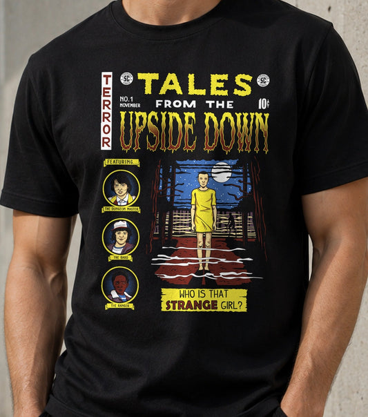 Camiseta Tales from the Upside Down – Portada de Cómic Terror Ochentero (negra)