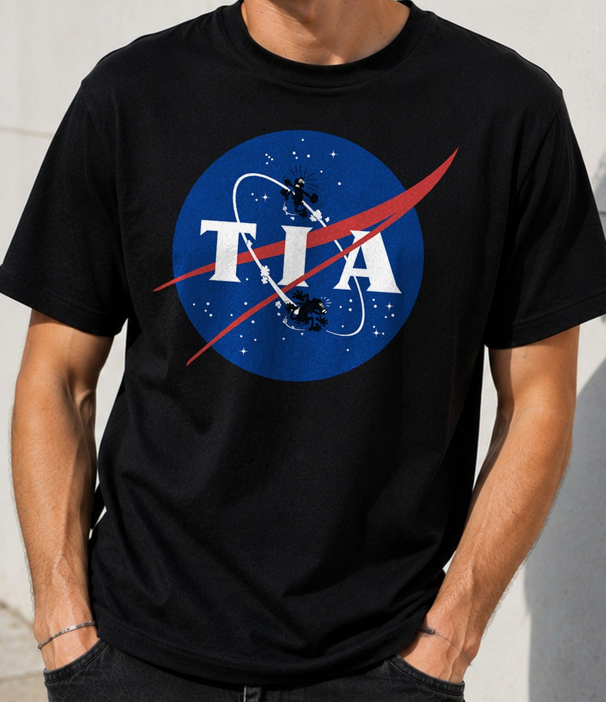 Camiseta Técnicos de Investigación Aeroterráquea – Parodia Espacial de Humor (negra)