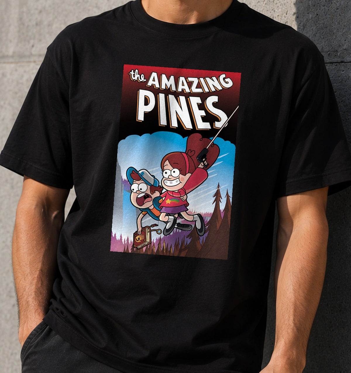 Camiseta The Amazing Pines – Cómic y Misterio en el Bosque (negra)