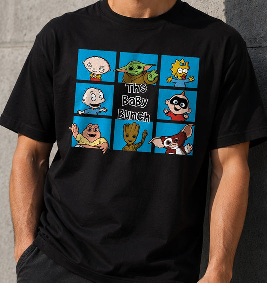Camiseta de bebé The Baby Bunch – Bebés Famosos de Series y Cine (negra)
