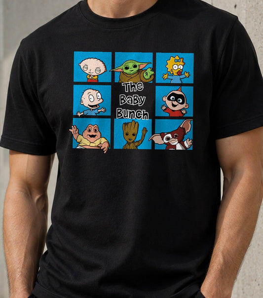 Camiseta de bebé The Baby Bunch – Bebés Famosos de Series y Cine (negra)