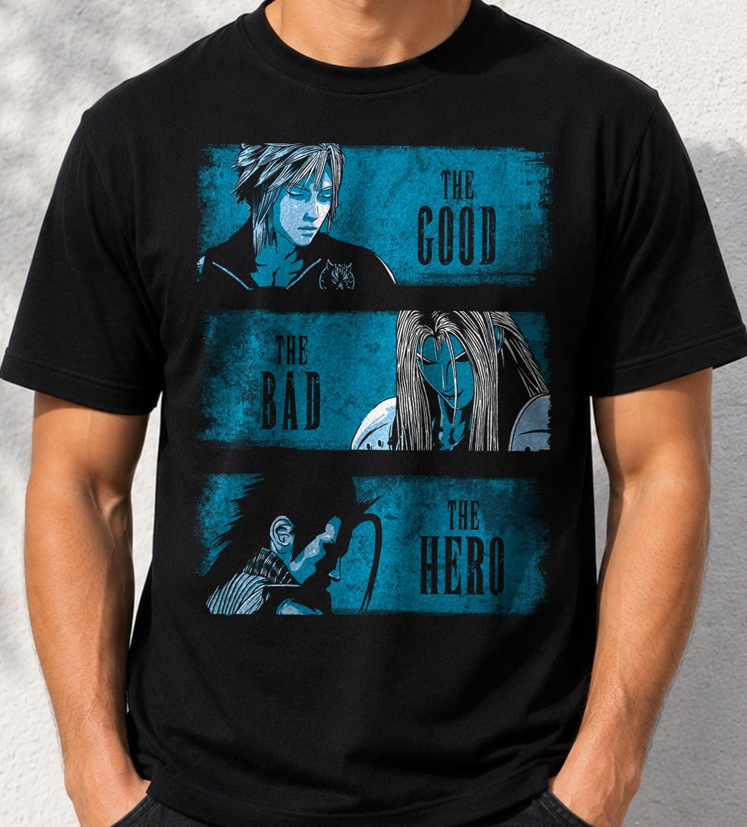 Camiseta The Good the Bad and the Hero -Blue Version – Final Fantasy VII (negra)