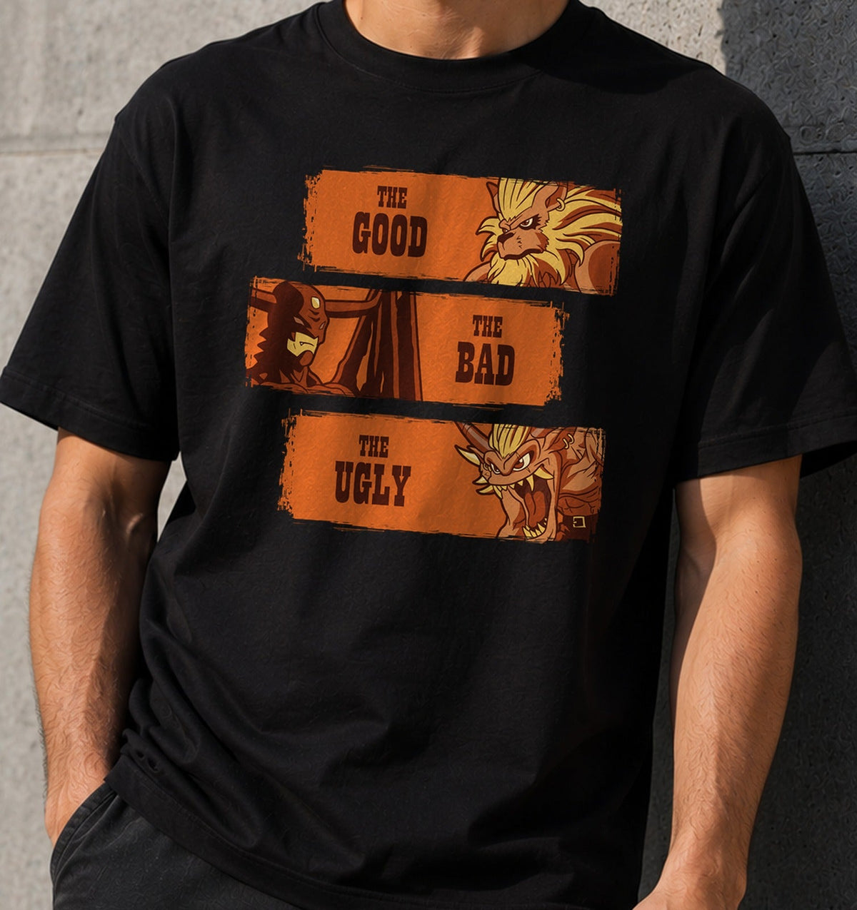 Camiseta The Good The Bad and The Ugly Digital Monsters – Parodia Western y Monstruos (negra)