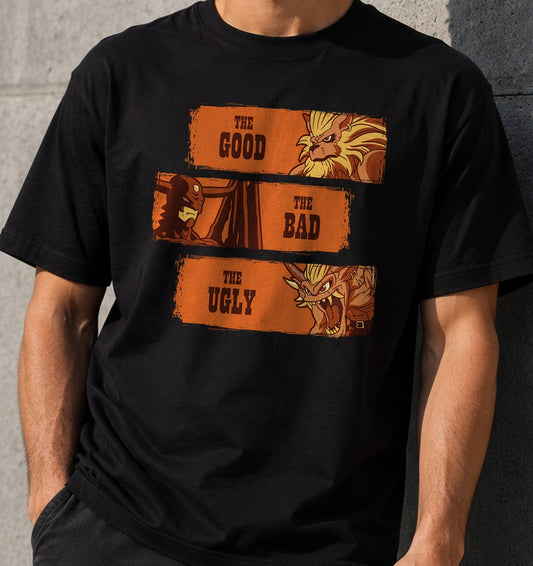 Camiseta The Good The Bad and The Ugly Digital Monsters – Parodia Western y Monstruos (negra)