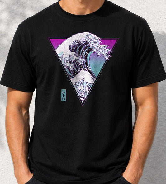 Camiseta The Great Synthwave – Ola de Hokusai Vaporwave (negra)