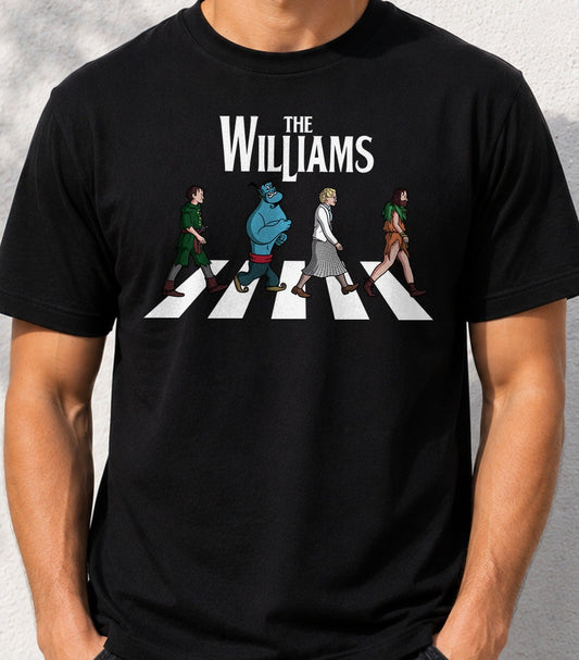 Camiseta The Williams – Personajes de Robin Williams en Abbey Road (negra)