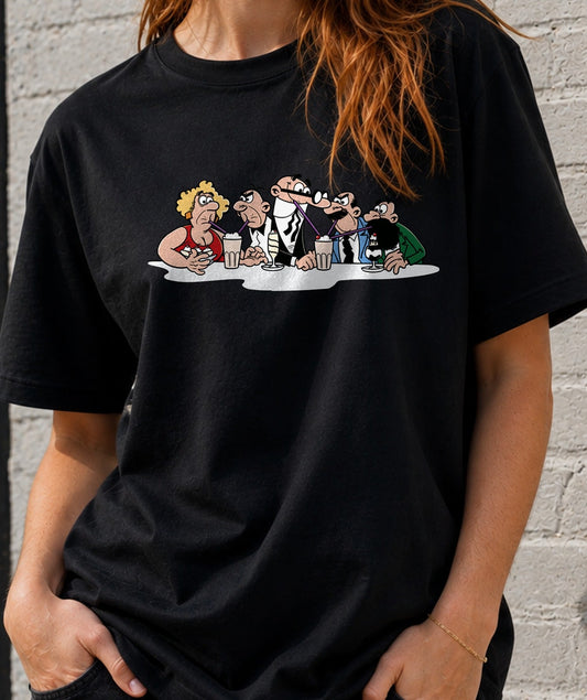 Camiseta TIA friends – Parodia de Cómic Español y Serie de Amigos (negra)
