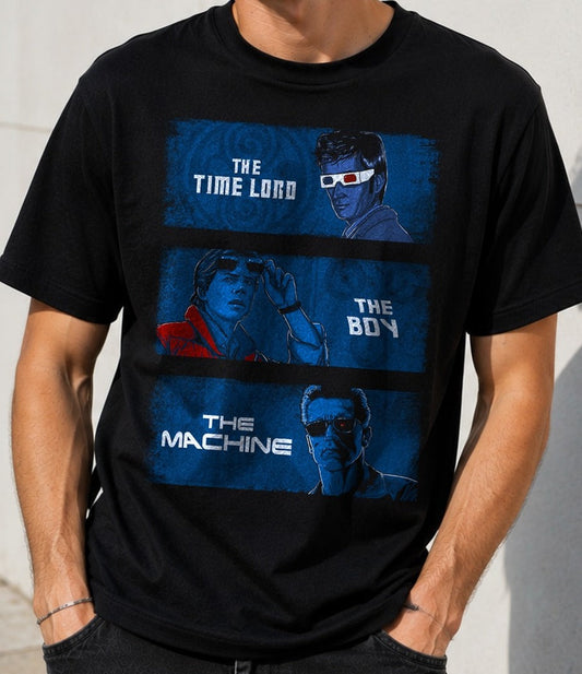Camiseta Time Travelers – Doctor Who, Regreso al Futuro y Terminator (negra)