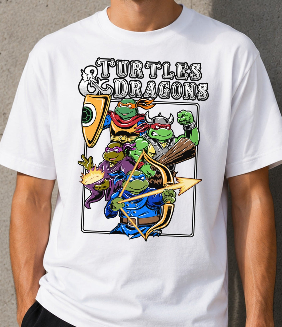 Camiseta Turtles and Dragons – Tortugas Mutantes y Rol de Fantasía (blanca)