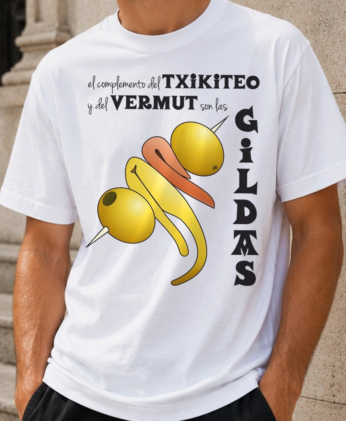 Camiseta Txikiteo con Gildas – Regalo para amantes del vermut (blanca)