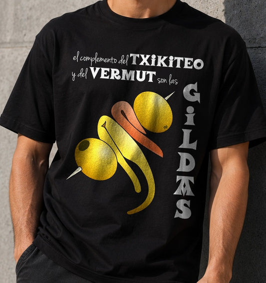 Camiseta Txikiteo con Gildas – Regalo para amantes del vermut (negra)