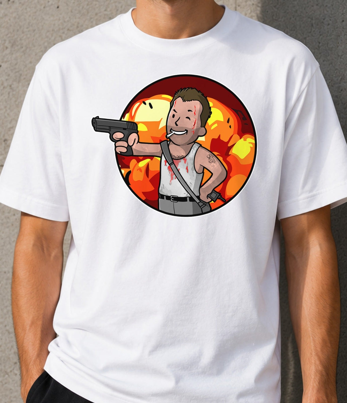 Camiseta Vault McClane – Acción de los 80 y Videojuego Postapocalíptico (blanca)