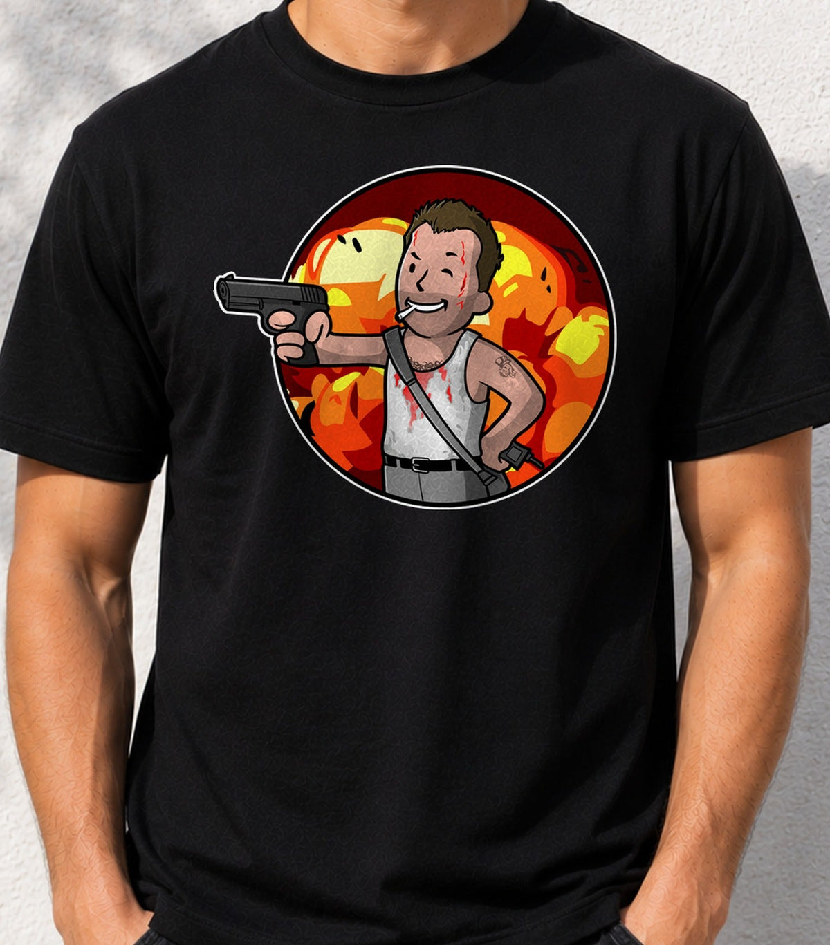 Camiseta Vault McClane – Acción de los 80 y Videojuego Postapocalíptico (negra)