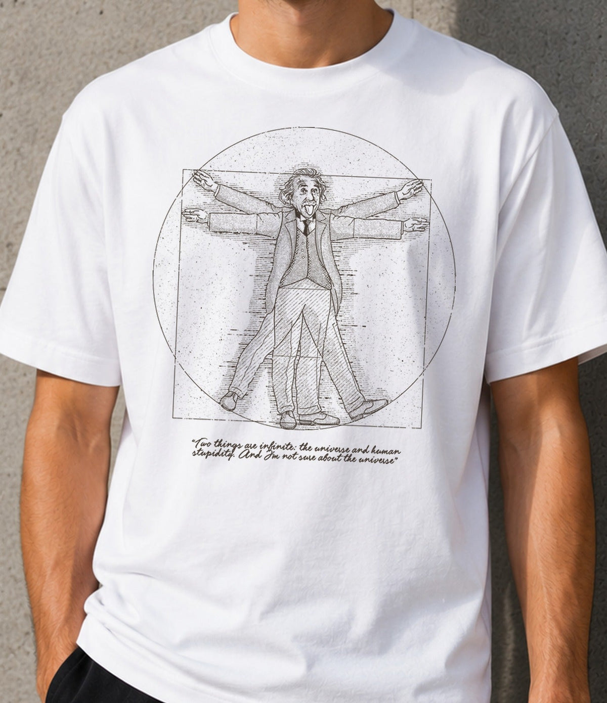 Camiseta Vitruvian Einstein – Ciencia y Arte con Humor (blanca)