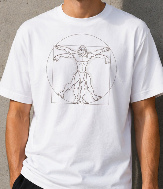Camiseta Vitruvian Son of Man – Hombre Salvaje y Arte Clásico (blanca)