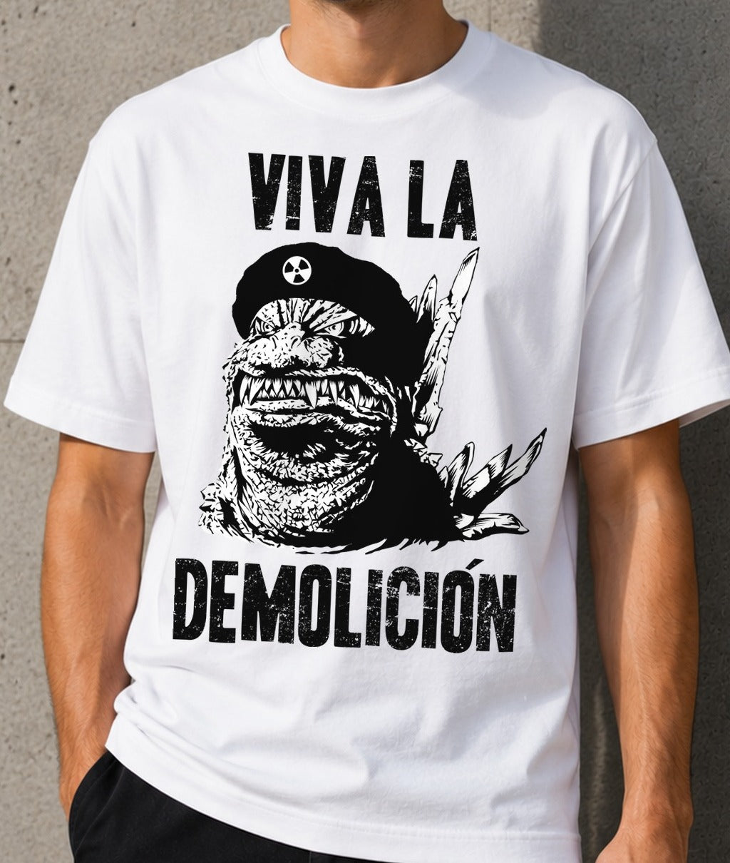 Camiseta Viva la Demolición – Parodia Kaiju Revolucionaria (blanca)