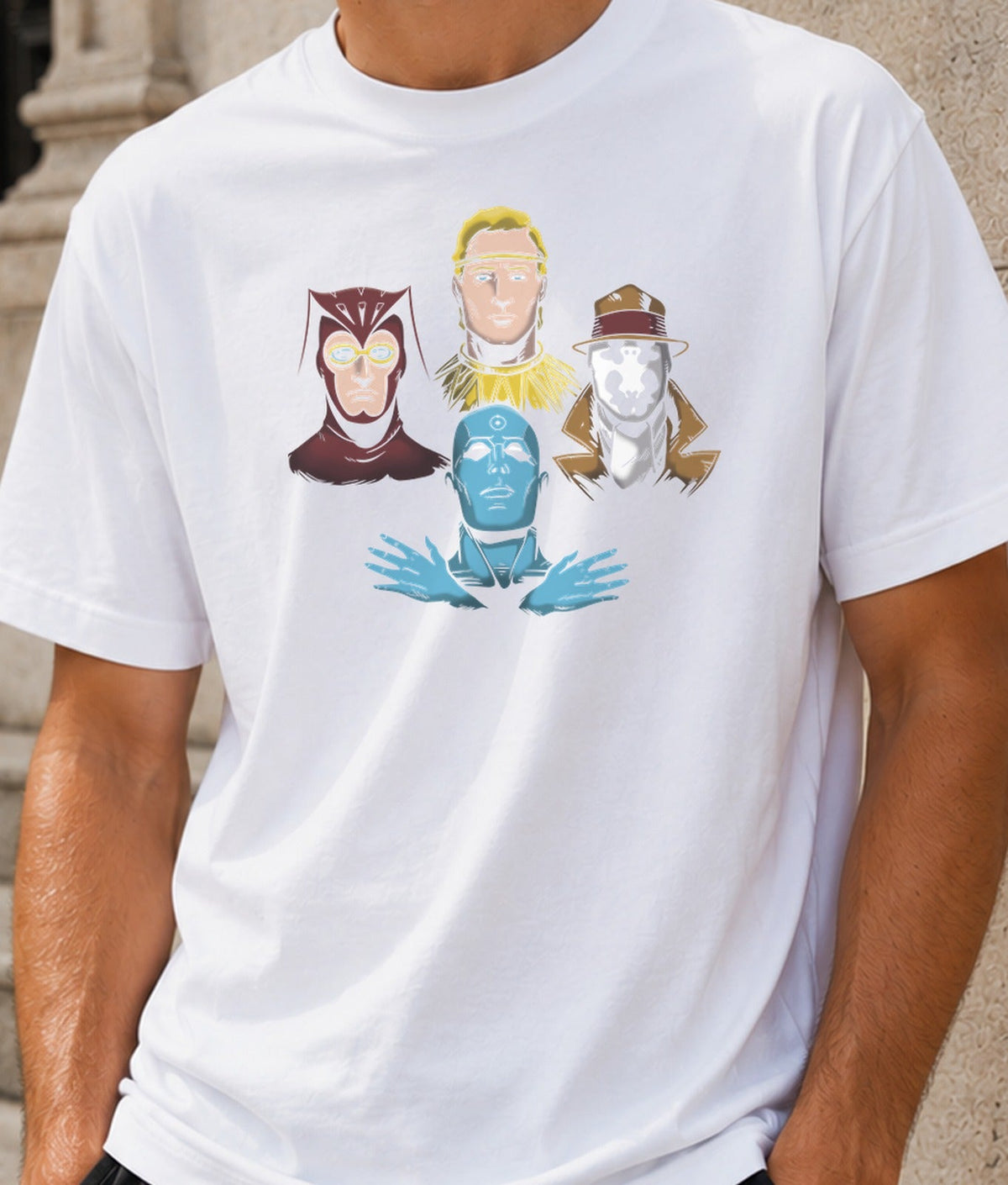 Camiseta Watch Rhapsody – Superhéroes Oscuros de Cómic (blanca)
