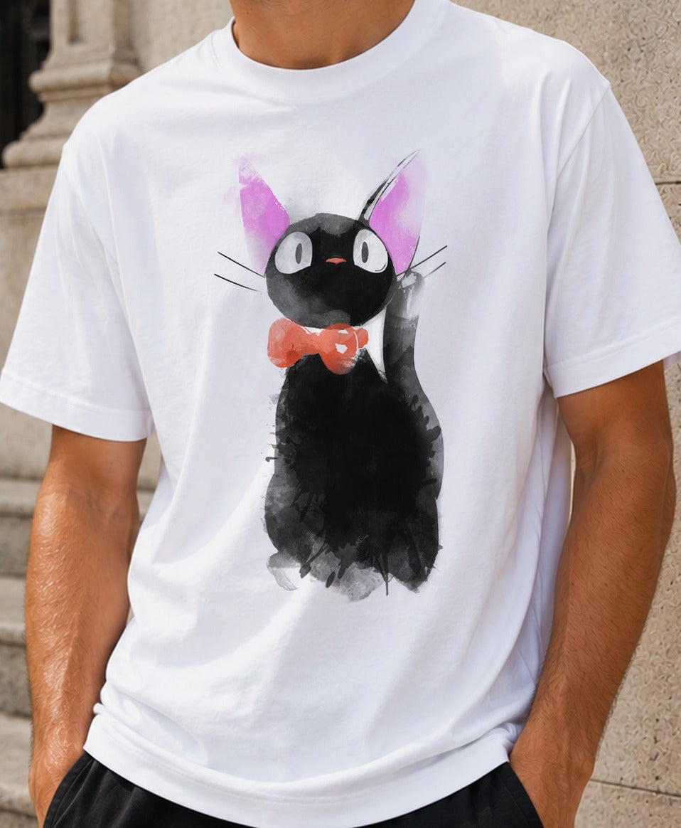 Camiseta Watercolor Cat – Jiji de Studio Ghibli (blanca)